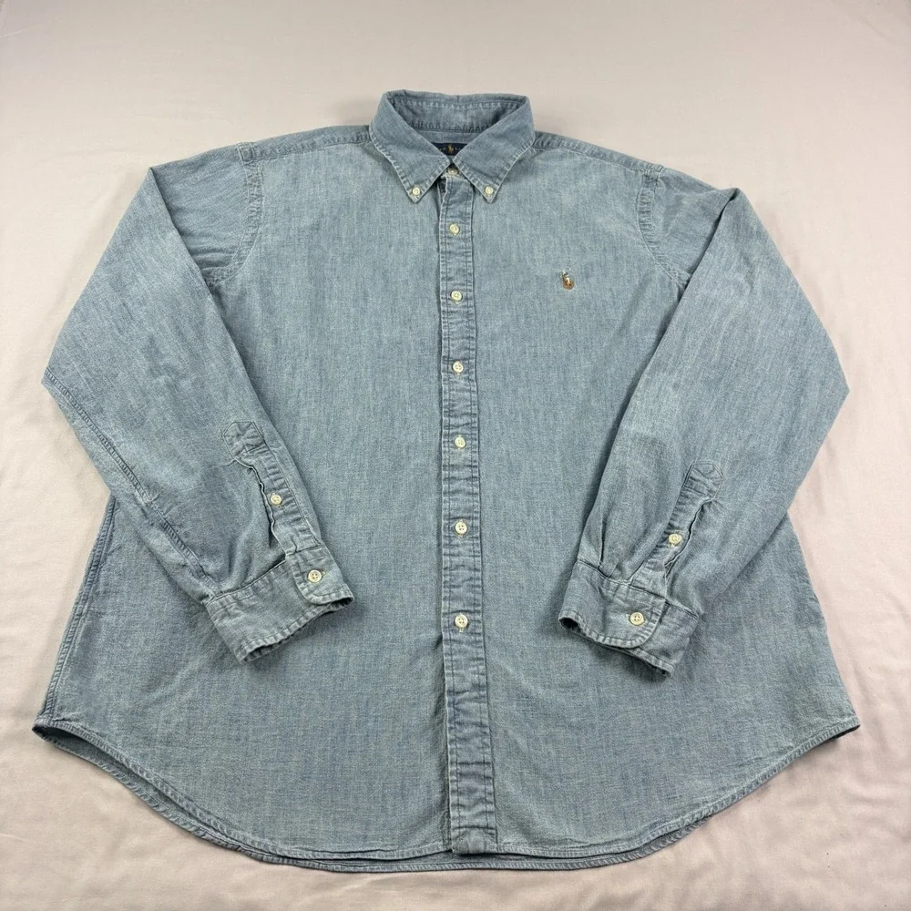 Polo Ralph Lauren Shirt Mens XL Blue Chambray Button Up Denim Style Flesh Pony